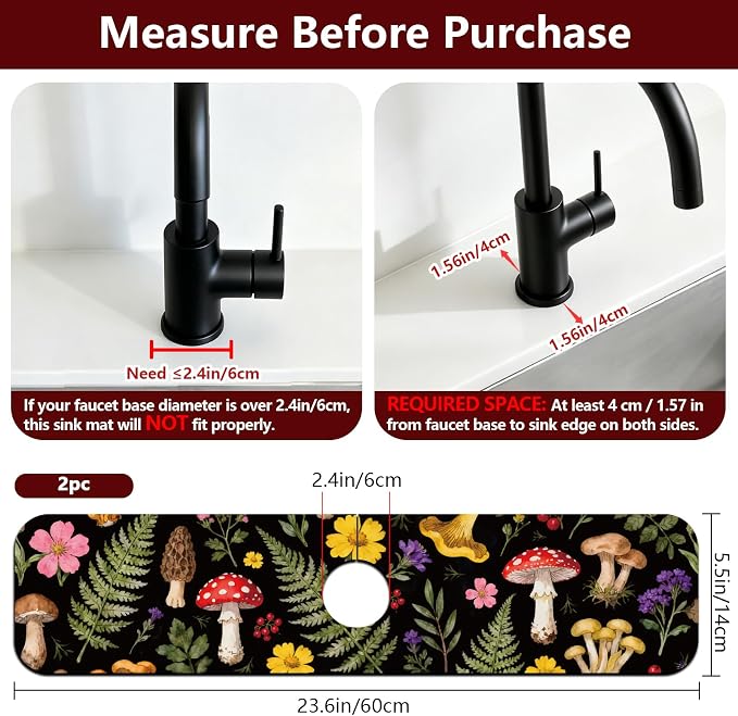 2 Pcs Kitchen Sink Splash Guard Faucet Mat Colorful Mushrooms and Flowers - Image 2