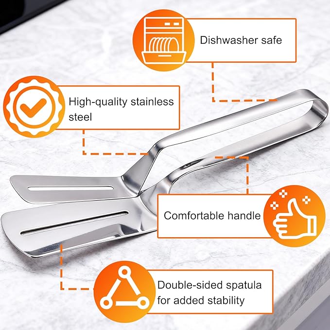 2PCS Stainless Steel Grill Clamp, Anti-Scald Extended Handle Spatula Tong, Steel Double-Sided Shovel Clip For Grilling Meat, Fish And Pancakes (A)