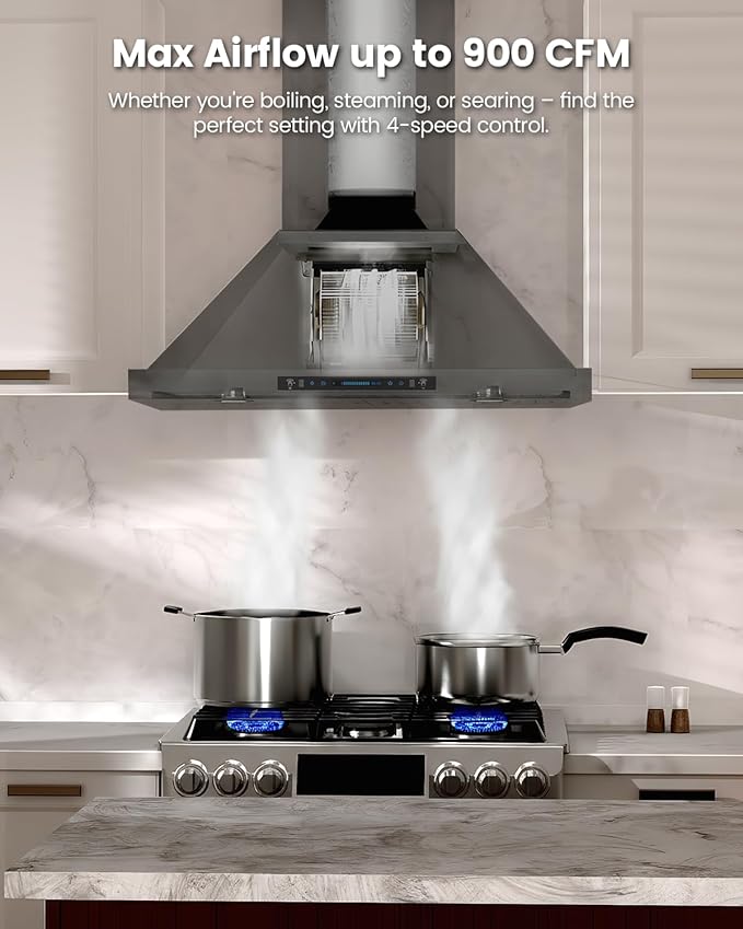 JOCO 36 Inch Black Wall Mount Range Hood, 900 CFM Stainless Steel Kitchen Chimney Vent Hood, Convertible for Ducted or Ductless Installation, 4-Speed Gesture/Touch/Remote Control P02-36G-B