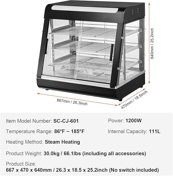 VEVOR 3-Tier Commercial Food Warmer Display, 1200W Food Display Warmer with Light, Adjustable Shelf and Temperature Display, 86℉~185℉ Steam Heating, 111L for Hamburger, Pizza, Bread, Fried Chicken