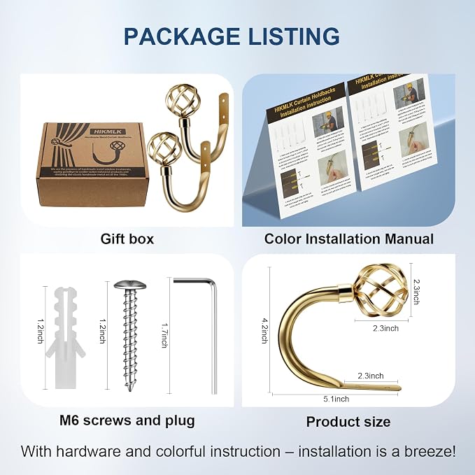 HIKMLK 2pcs Mirror Gold Curtain Holdbacks - Image 4