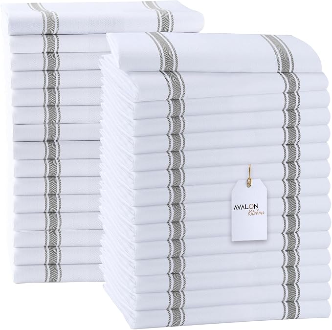 Dish Towels 30 Pack Grey Stripe 100% Cotton Kitchen Towel 15x25 Inch Tea Towels by Avalon+Kitchen