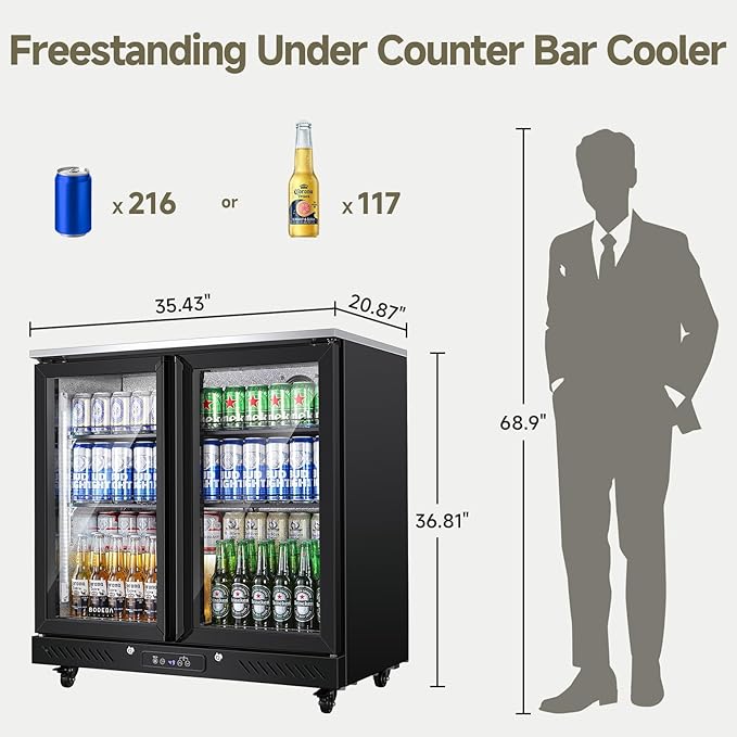 BODEGACOOLER Back Bar Cooler with 2 Glass Doors,7.7 Cu.ft Commercial Back Bar Beverage Refrigerator Counter Height,LED Lighting for Soda Drinks,Beer,Wine Stainless Steel Top,DOE Approved,4 Casters