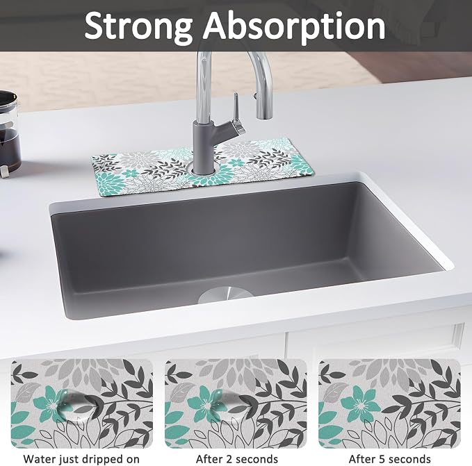 15" X 5.5" Kitchen Sink Splash Guard Faucet Mat Floral Super Absorbent Fast - Image 3