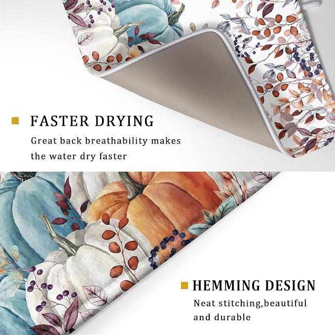 Giwawa Fall Orange Pumpkin Dish Drying Mat Eucalyptus Leaves Drainer Rack Pad - Image 3