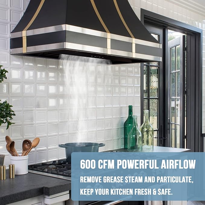 Akicon Range Hood Insert 36 Inch, Ultra Quiet, Powerful Suction Built-in Kitchen Vent Hood, Matte Black Stainless Steel Ducted Stove Hood with Dimmable LED Lights Warm White, 3-Speeds 600CFM