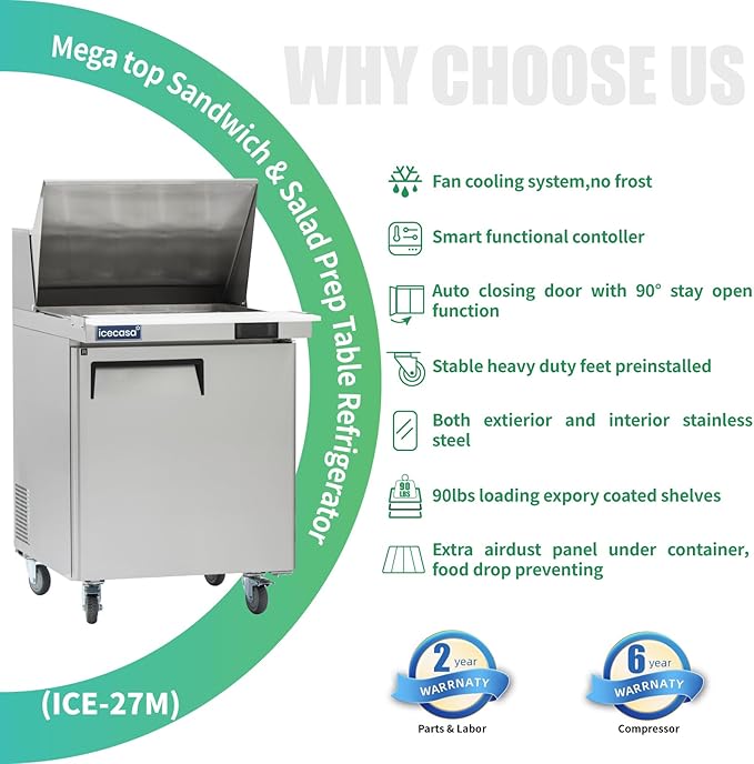 ICECASA 27" W Commercial Refrigerator Sandwich&Salad Prep Table Mega Top single Door Stainless Steel Counter Fan Cooling Refrigerator with 12 pans-27 Inches for Restaurant, Bar, Shop, etc