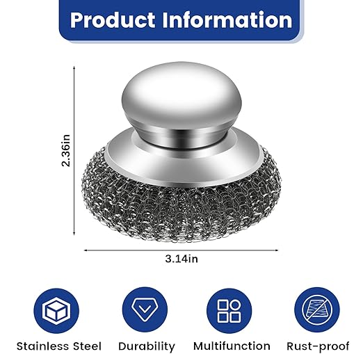 5Pcs Steel Wool Scrubber with Handle - Stainless Steel Scouring Pads Set for Cast Iron, Pans, Grill, Sink Cleaning(1 Scrubber+4 Pads)