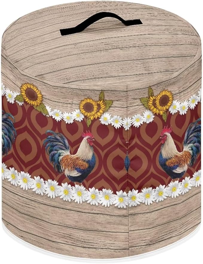 Air Fryer Cover Dust Cover Compatible with 3 Quart Instant Pot, Dust Protection Insulated Kitchen Appliance Cover with Top Handle and Storage Pockets for Gift, Daisy Rooster Wood Grain