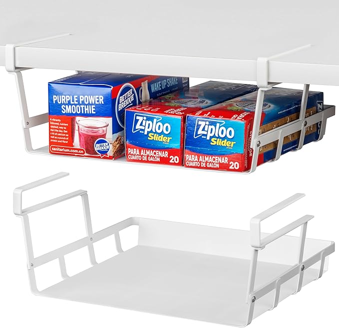 Under Shelf Basket, 4 Pack Under Cabinet Shelf Basket Organizer, Hanging Wire Storage Baskets, Slide-in, Add-on Space Saving for Kitchen Pantry Desk Bookshelf Laundry Room, White