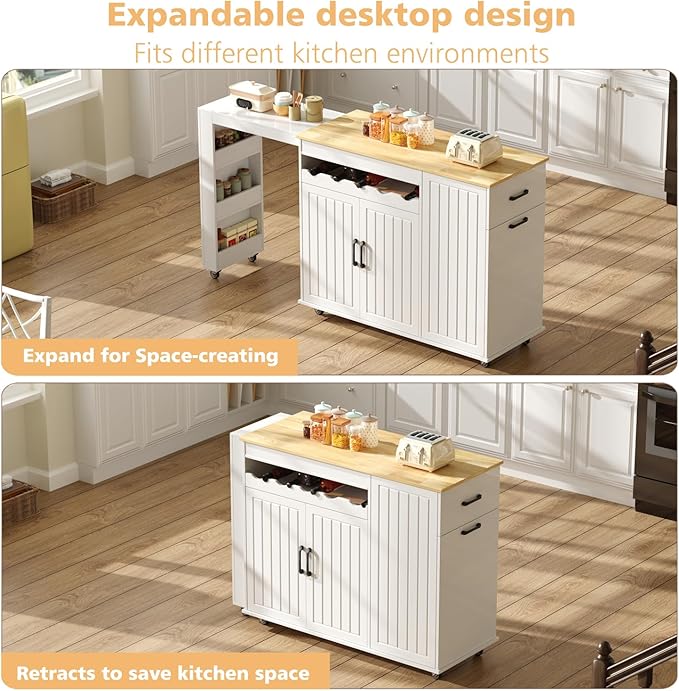 Modern Rolling Kitchen Islands with Extendable Dining Table, Hidden Trash Can Storage, Mobile Island Cart on Wheels with Storage for 2,Rubberwood Top,Storage Cabinet, Drawers & Wine rack,White
