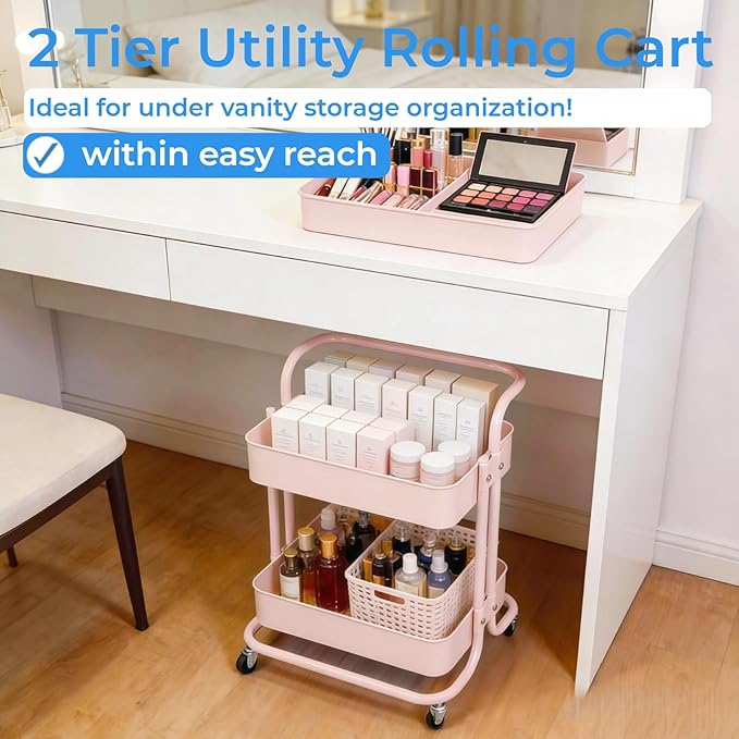 2 Tier Short Rolling Cart with Wheels All-Metal Pink Pantry Storage for Kitchen,Under Desk Trolley with Handle Small Wheeled Storage Cart for Laundry Room Bathroom, Under Table Small Space