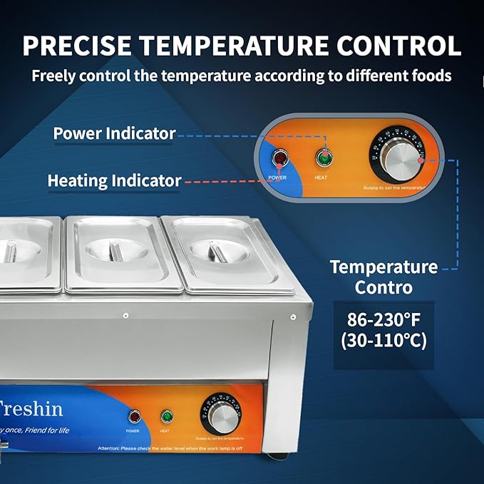 Treshin 3 Pan Commercial Food Warmer 21 Qt Capacity 1200W Stainless Steel Electrical Bain Marie Buffet Food Warmer Steam Table with Temperature Control & Lid for Home, Party, Catering, Restaurants