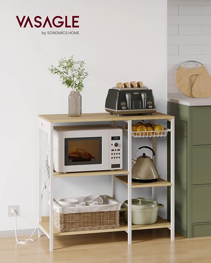 VASAGLE Baker's Rack, Coffee Bar Stand with Charging Station, 35.6 Inches Tall, Storage Shelves, Pull-Out Wire Basket, Table for Microwave, Kitchen, Oak Beige and Ink Black UKKS036Y09