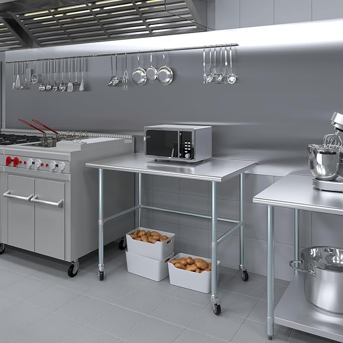 Stainless Steel Work Table with Open Base & Casters | Mobile Commercial Metal Work Bench & Prep Station | Heavy Duty Utility Table (48" Long x 30" Deep)