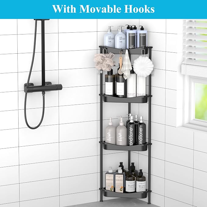 HuggieGems Metal Floor Standing Corner Shower Caddy, Jet Black, 4 Tier - Image 6