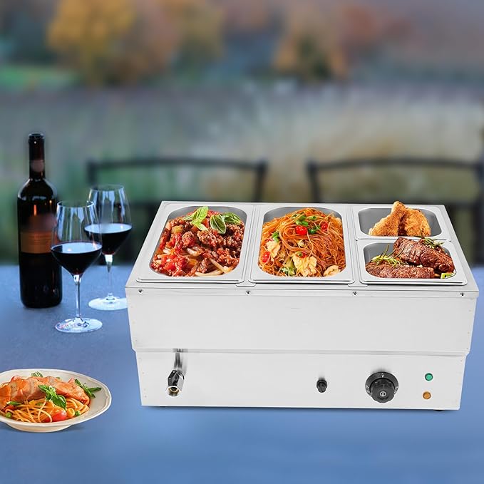 Commercial Food Warmer Stainless Steel Bain Marie Buffet Food Warmer Steam Table Electric Countertop Steam Table Container with 86-185°F Temp Control for Catering Restaurants (4 Pans)