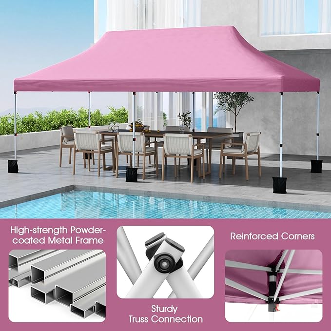 Tangkula 10x20 Ft Pop Up Canopy, Instant Setup Tent with 6 Sandbags, 12 Stakes & 6 Ropes, UPF 50+ Portable Outdoor Canopy Tent with Carrying Bag for Camp, Beach, Patio (Pink)