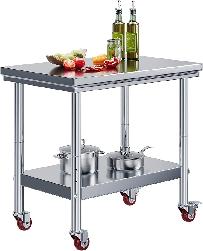 Jocisland 24" x 36" Stainless Steel Table for Prep & Work with Wheels, Adjustable Under Shelf & Safe Design for Restaurant, Home and Outdoor