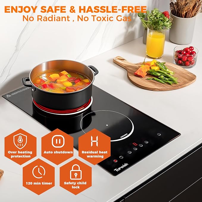 Electric Cooktop, TOPWISH 2 Burner Electric Cooktop Built-in, 110V Plug in Cook Top Stove Burners for Cooking, 12 Inch Stove Top with Touch Control, Timer, Child Lock, Over Heat Protection