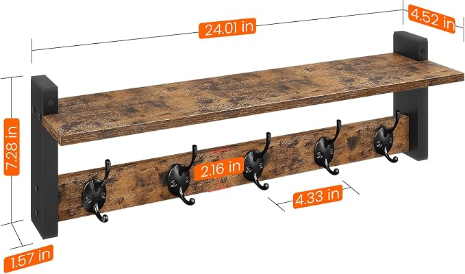 Coat Rack with Wall Mount, 24 Inch Long Entryway Wall Shelf with Hooks - Image 7