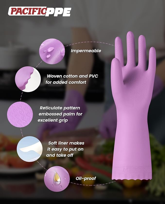 PACIFIC PPE 2 Pairs Cleaning Gloves, Cotton Liner, Medium | Waterproof - Image 2