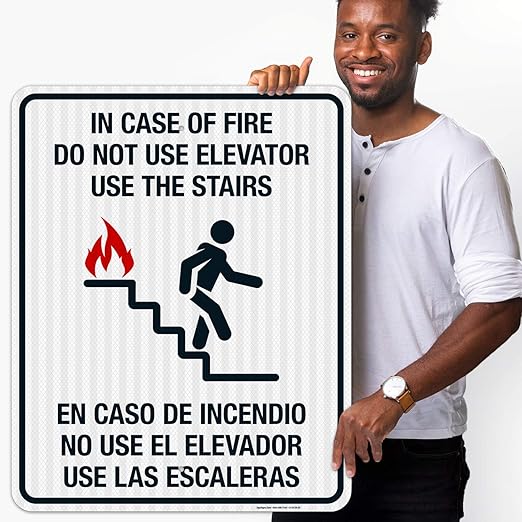 in Case of Fire Do Not Use Elevator Use The Stairs Bilingual Sign, Fire Safety Sign, 24x30 Inches, 3M EGP Reflective .080 Aluminum, Fade Resistant, Indoor/Outdoor Use, Made in USA