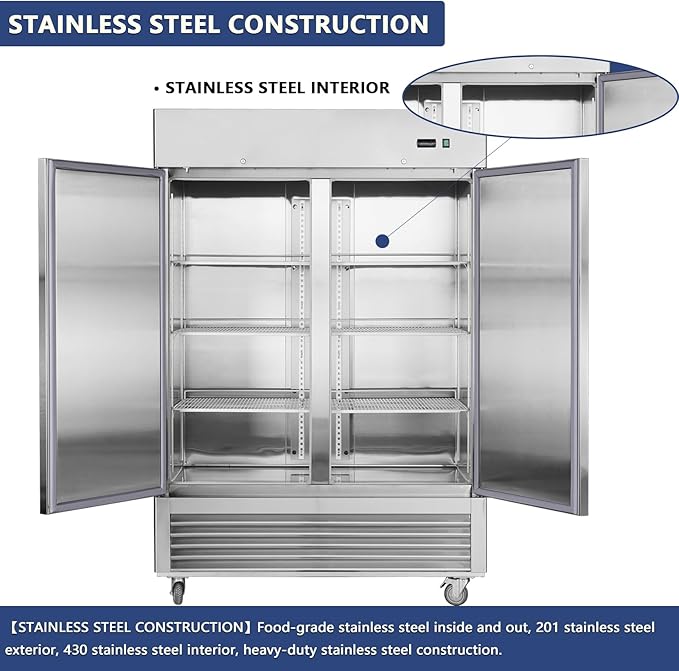 54" Upright Commercial Freezer with 2 Solid Door, 42 Cu.Ft Reach-in Freezer, Stainless Steel Interior and Exterior Construction, -8℉ ~ -2℉, Fan Cooling Freezer for Restaurant Bar, ETL and DOE
