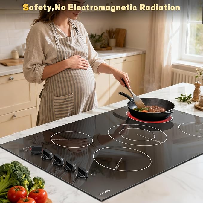 Karinear 36 Inch Electric Ceramic Cooktop, 5 Burner Radiant Electric Stove Top with Knob & Touch Control, 8900W High-Power Built-in Hob, 9 Heat Levels, 99-Min Timer, Child Lock, 240V Hardwired