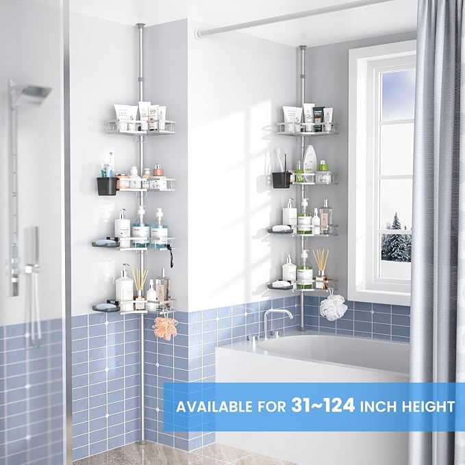 Adjustable Shower Caddy Tension Pole: Rustproof Corner Bathroom Shelves - Image 2