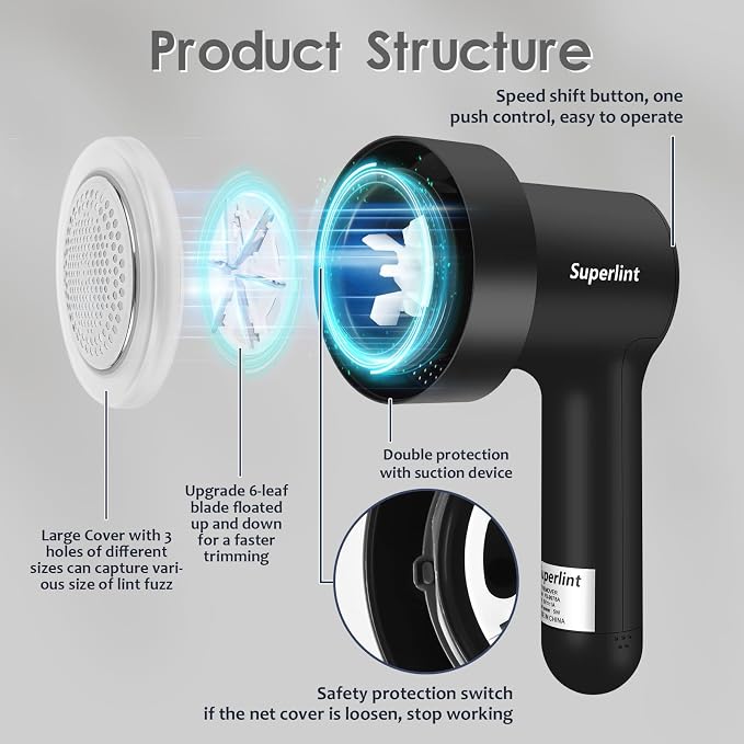 SuperLint 2-in-1 Rechargeable Fabric Shaver LED 3-Speed Lint Remover Black | - Image 3
