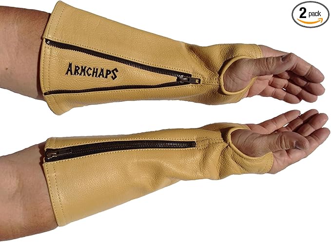 Arm Chaps Leather Protective Sleeves Arm Guard - Prevent Cuts, Scratches & Bruises - Genuine Cowhide - Ideal for Gardening & Construction - Left & Right Form-Fitting. Tan (1 Pair/X-Large).
