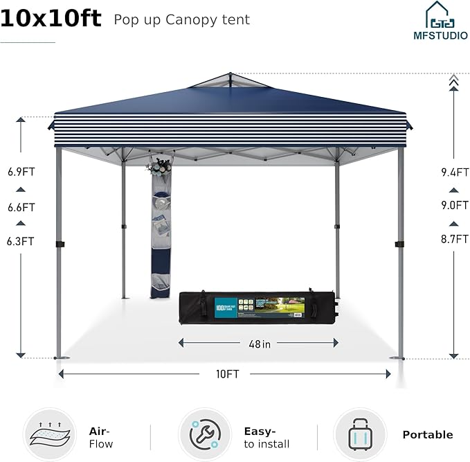 MFSTUDIO 10x10 Pop up Canopy Tent, Gazebo Shelter Sun Shade Canopies One Push Setup Portable Popup Easy Set up Tents with Vented Top,Storage,4 Sandbags,for Beach,Parties,Camping