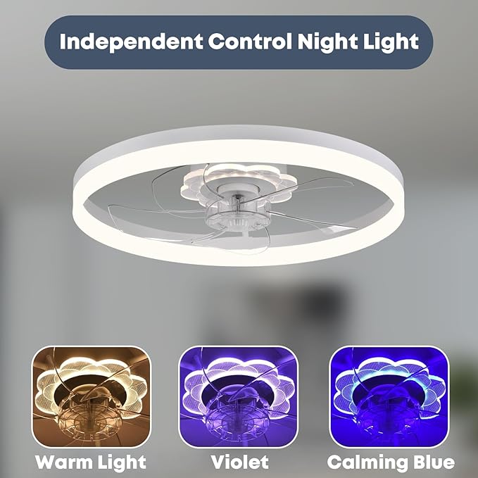 23.6'' Ceiling Fan with Light, Upgraded Low Profile Fan, Flush Mount Ceiling Fan, 6 Speeds, Dimmable LED, App & Remote Control, Quiet DC Motor, for Bedroom, Living Room, F115 White
