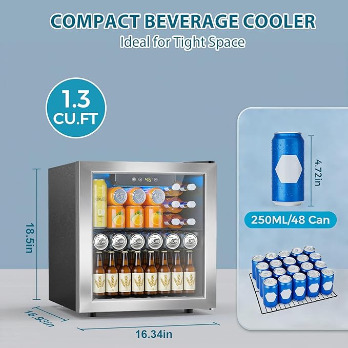 48 Can Beverage Refrigerator,12 Bottle Wine Cooler with Seamless Stainless Steel & Glass Door, Digital Temperature Display, Countertop Mini Fridge for Soda, Wine or Beer, Silver