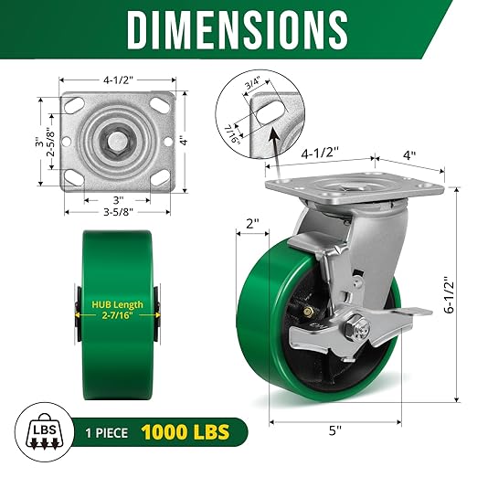 5 Inch Caster Wheels Heavy Duty, Polyurethane on Steel Wheel, Set of 4 Industrial Casters Load 4000lbs, Plate Caster for Carts, Pallet Trucks, Industrial Equipment(2 Brake & 2 Swivel)