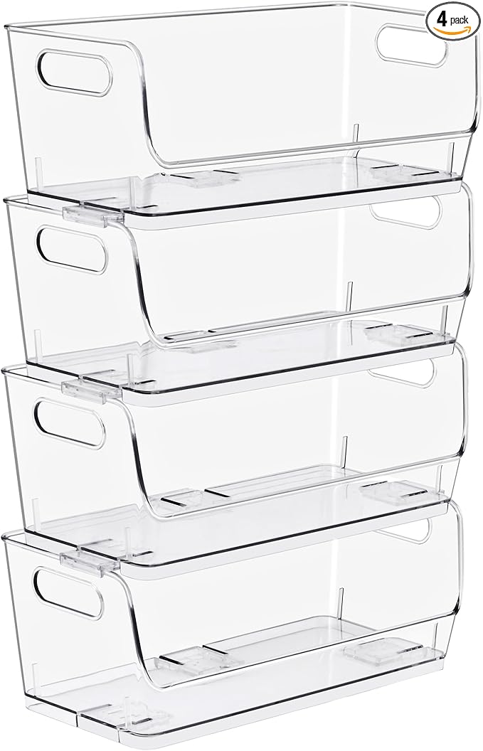 Sorbus Stackable Storage Bins Open Front, Clear Stackable Storage Bins, Pantry Bins for Storage and Organization, Acrylic Stackable Bins for Kitchen, Clear Pantry Organizer Bins (Small Narrow 4 Pack)