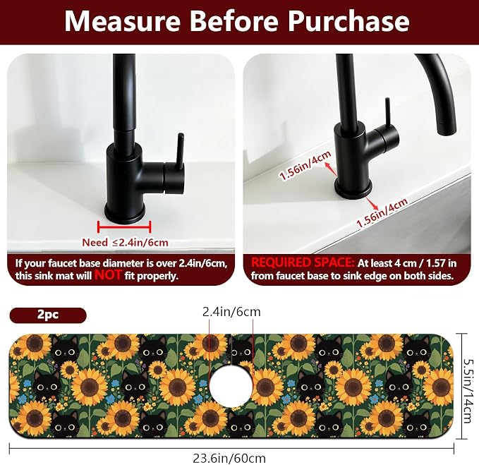 2 Pcs Black Cat Kitchen Sink Splash Guard Faucet Mat Sunflower Animals and - Image 2
