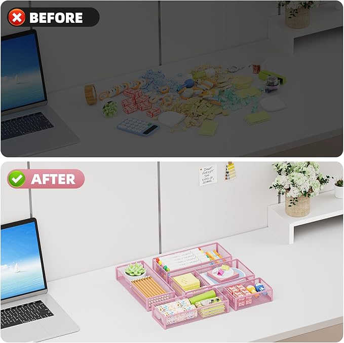 Marbrasse 5 Pack Desk Drawer Organizer Set, Mesh Drawer Storage Trays - Image 7