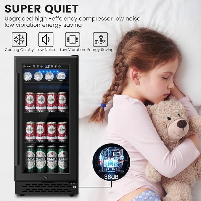 15 Inch Black Beverage Refrigerator Under Counter, 130 Cans Built-in/Freestanding Beverage Cooler, Mini Bar Fridge with Double Tempered Glass Door&Lock, Beverage Fridge for Drink Beer Soda Wine