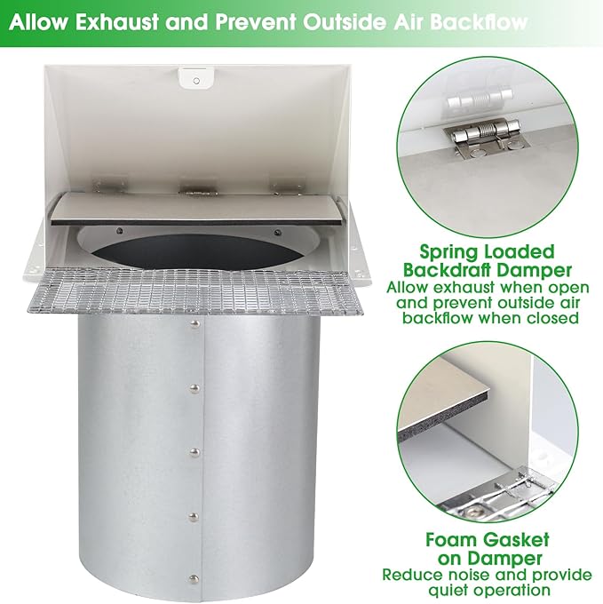 4 Inch Dryer Vent Cover Outside,Dryer Vent Cover Outdoor Exterior Vent Cover Wall Vent Dryer Exhaust Vent Cover Cap,Hooded Wall Vent with Screen & Damper for Dryer Duct AC HVAC,Galvanized Steel,White