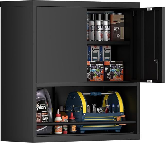 Garage Cabinets,Metal Wall Cabinet with 2 Doors,Lockable Storage Cabinet,Wall Cabinet for Garage,Warehouse,Home Offcie,Black