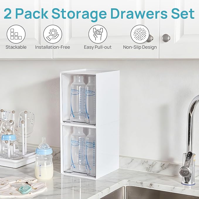 Vtopmart White Stackable Storage Drawers, 2 Pack Tall Organizers | Pull-Out - Image 3