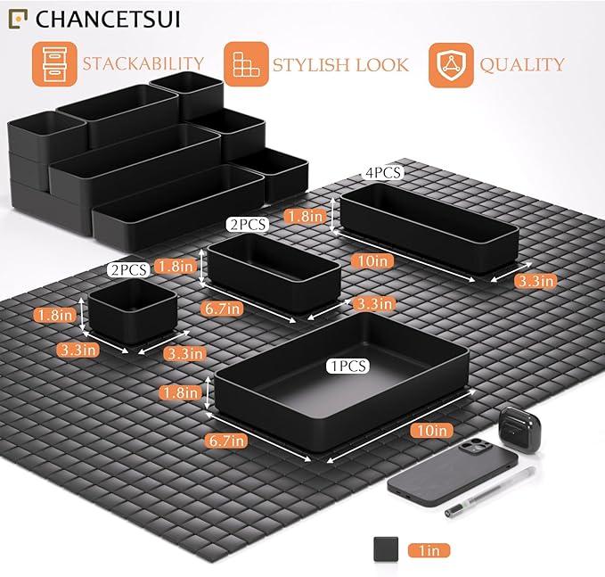 Black Bathroom Drawer Organizer Trays: 9 PC Stackable Desk Organizers Bin | - Image 5
