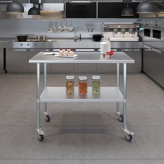 AmGood 48" Long x 24" Deep Stainless Steel Table with Casters