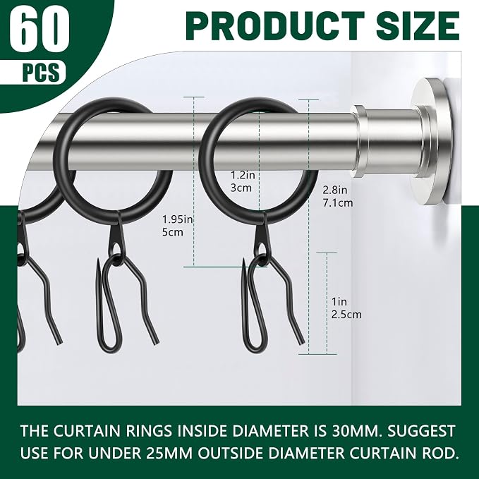 60Pcs 30mm Internal Diameter Curtain Rings and Curtain Drapery Pin Hooks | - Image 2