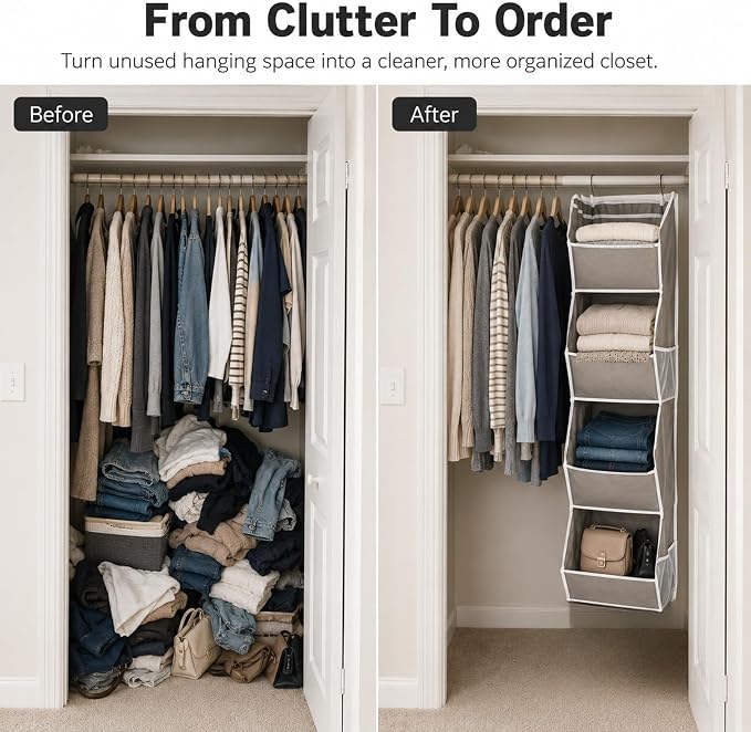 4-Shelf Hanging Closet Organizer and Storage, Fabric Storage Bins Bedroom - Image 3