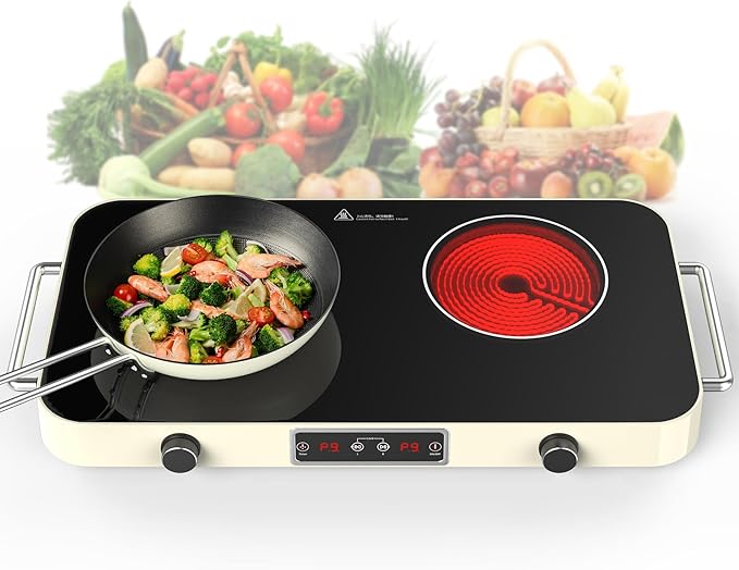 Electric Cooktop, 2200W 110V Electric burner, Electric Stove Top with 2 Handle, 2 Burner Electric Cooktop with 9 Power Settings,Knob Control Child Safety Lock & Timer.