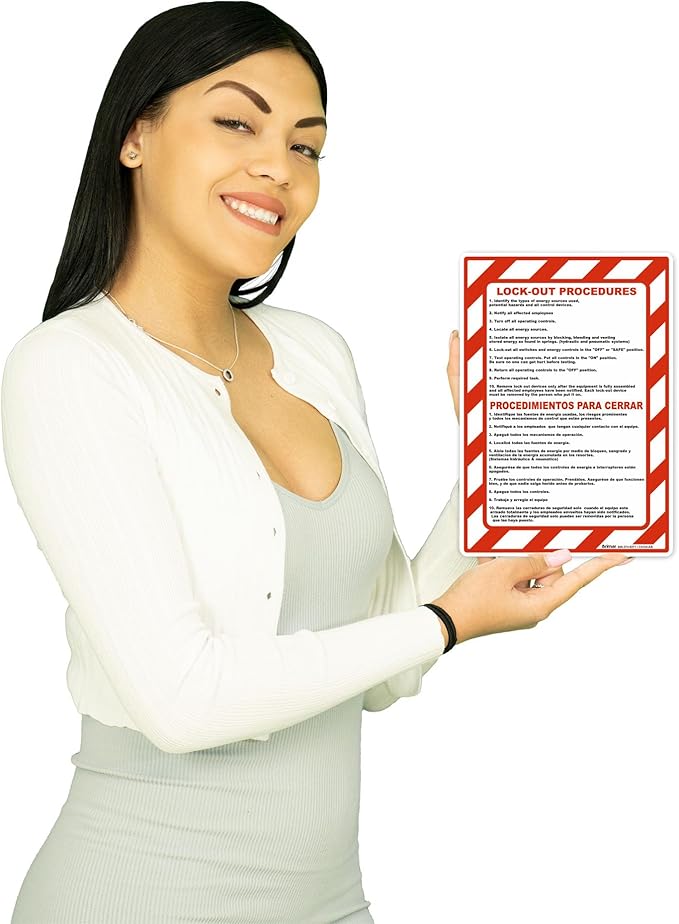Brimar - 7 x 10" - Bilingual Lock Out Procedures Sign - 3.5 Mil InfiniStick™ Vinyl Label - Bilingual Design - Bold Text And Symbol