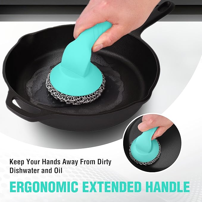 HAUSHOF Cast Iron Scrubber with Long Handle, Chainmail Scrubber Cast Iron Cleaner for Pan, Kitchen Cleaning Kit for Grill, Dutch, Oven